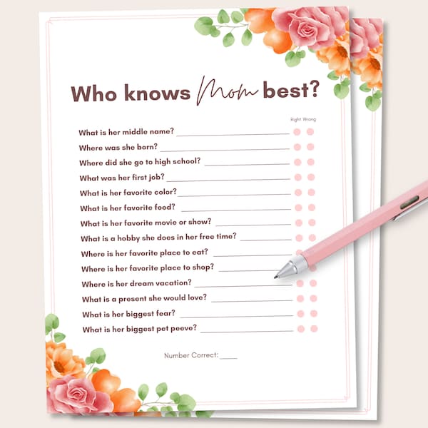 Who Knows Mom Best, Printable Mothers Day Game, Mothers Day Party Game, Mothers Day Trivia Quiz, Mothers Day Brunch Activity