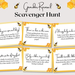 Búsqueda del tesoro de revelación de género de abejas, juegos de caza de revelación de género de abejas, juegos de baby shower de abejas de panal, tarjetas de pistas de búsqueda de tesoros de revelación de género de abejas