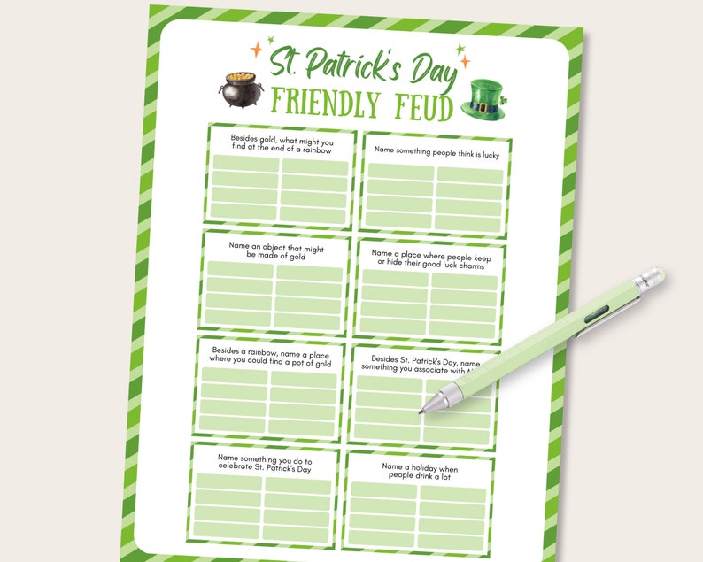 St Patrick's Day Friendly Feud Game, St Patrick's Day Trivia Quiz, St Patricks Day Family Feud, St Patricks Trivia Feud Game, St Pattys Feud image 7