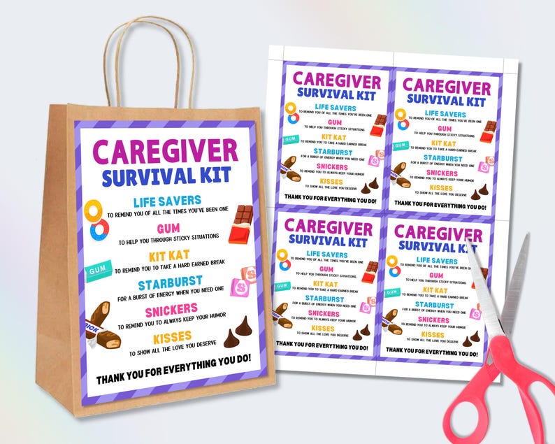 caregiver survival kit tag printable, national caregiver day gift, family caregiver appreciation gift, thank you gift for caregiver, caregiver appreciation gift tag, staff appreciation gift, gift for employees, candy thank you gift tag, thank you tag