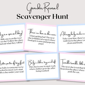 Gender Reveal Scavenger Hunt, Gender Reveal Spiele, minimalistische Baby Shower Spiele, Gender Reveal Treasure Hunt Clue Cards, süßes druckbares Spiel