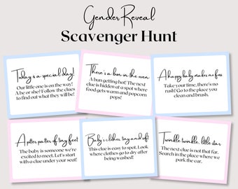 Gender Reveal Scavenger Hunt, Gender Reveal Games, Minimalist Baby Shower Games, Gender Reveal Treasure Hunt Clue Cards, Cute Printable Game