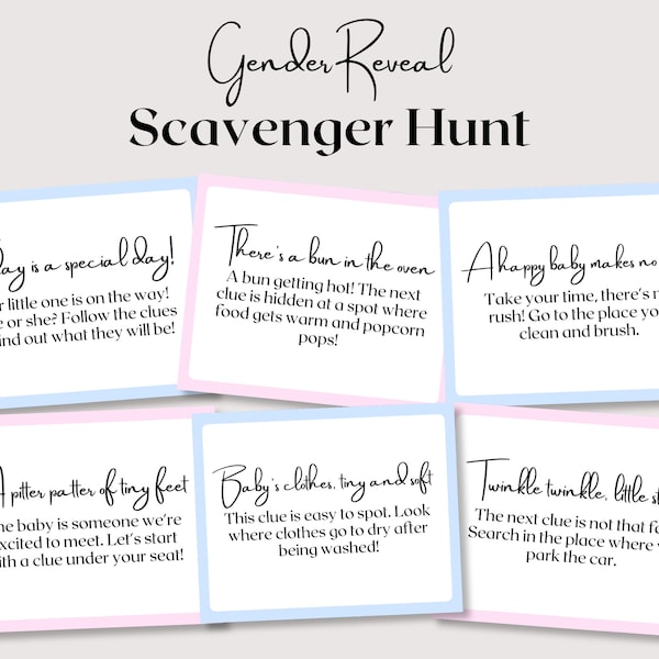 Gender Reveal Scavenger Hunt, Gender Reveal Games, Minimalist Baby Shower Games, Gender Reveal Treasure Hunt Clue Cards, Cute Printable Game