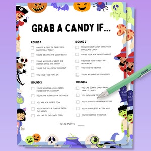 Könnte beinhalten: Ein druckbares Halloween-Spiel für Kinder namens "Schnapp dir ein Bonbon, wenn..." mit vier Runden Fragen. Jede Runde hat fünf Fragen mit Kontrollkästchen neben jeder Frage. Das Spiel enthält Illustrationen von Halloween-Charakteren wie einem Skelett, einem Geist, einer Hexe und einem Zombie.