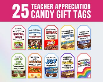 Printable Teacher Appreciation Sweet Treat Tags, 25 Thank You Candy Puns for School Staff Recognition (Instant Digital Download)