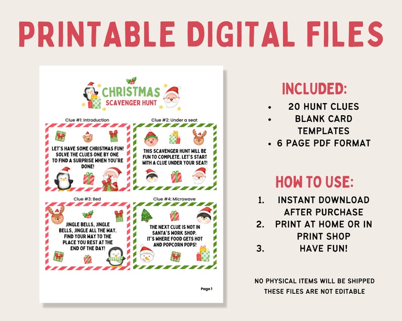 Christmas Scavenger Hunt Christmas Treasure Hunt Cards Xmas Etsy