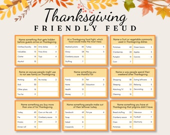 May include: A Thanksgiving-themed game board with a friendly feud format. The game board is divided into nine squares, each with a different question related to Thanksgiving. The questions are designed to test players' knowledge of Thanksgiving traditions, food, and history. The game board is decorated with fall colors and leaves.