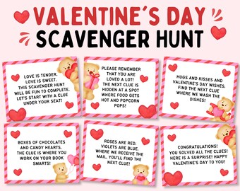 May include: A set of ten Valentine's Day scavenger hunt cards featuring cute cartoon bears with hearts. Each card has a pink and white striped background with a different Valentine's Day themed clue.