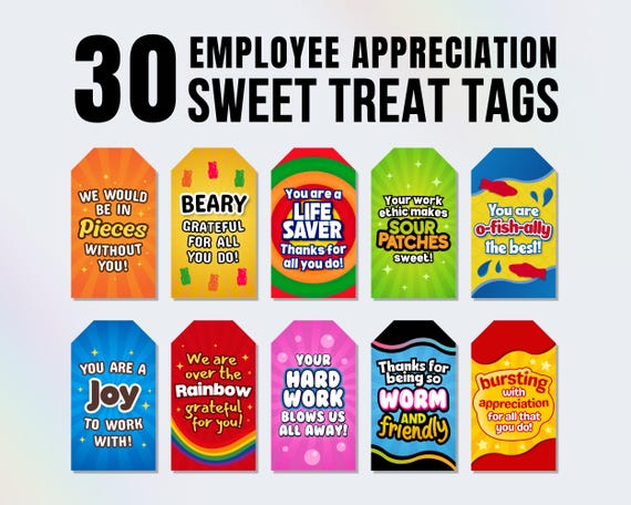 30 Employee Appreciation Gift Tags, Sweet Treat Tags for Employee Thank You Gift, Staff Appreciation Gift Tags, Employee Snack Gift Basket