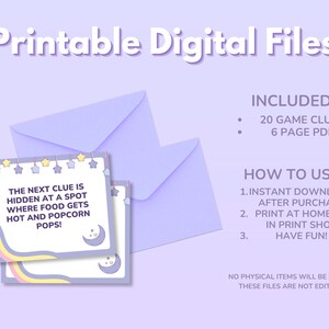 May include: Printable digital files for a scavenger hunt game. The image shows a purple envelope and a card with the text "The next clue is hidden at a spot where food gets hot and popcorn pops!"  The card has a yellow, pink, and blue striped border with stars and a crescent moon.