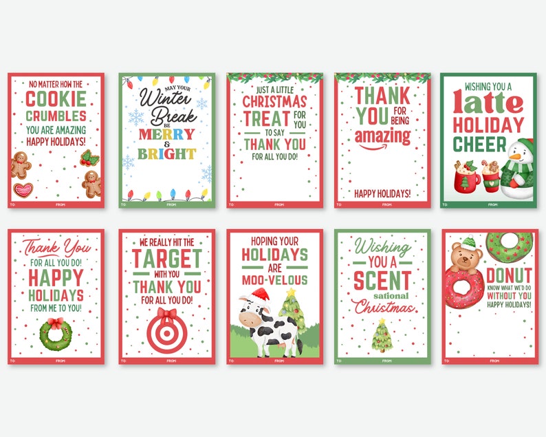 Puede incluir: Una colecci&oacute;n de diez tarjetas de felicitaci&oacute;n navide&ntilde;as con dise&ntilde;os festivos. Cada tarjeta presenta un mensaje &uacute;nico en rojo y verde, con ilustraciones de galletas de jengibre, mu&ntilde;ecos de nieve y otros elementos navide&ntilde;os. Las tarjetas son rectangulares con espacio para etiquetas "Para" y "De".