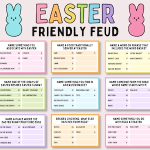 Puede incluir: Un tablero de juego imprimible con tem&aacute;tica de Pascua con un conejito de Pascua rosa y amarillo a cada lado. El juego se llama "Easter Friendly Feud" y tiene nueve categor&iacute;as diferentes con preguntas y valores de puntos. Las categor&iacute;as incluyen: "Nombra algo que asocies con la Pascua", "Nombra un alimento que se sirve tradicionalmente en Pascua", "Nombra una palabra o frase que incluya la palabra cesta", "Nombra uno de los 8 d&iacute;as de Pascua adem&aacute;s del domingo de Pascua", "Nombra algo que encuentres en una cesta de Pascua", "Nombra a alguien de la Biblia cuyo nombre comience con M", "Nombra un lugar donde el conejito de Pascua podr&iacute;a esconder huevos", "Adem&aacute;s de los pollos, &iquest;qu&eacute; m&aacute;s sale de los huevos?", y "Nombra algo que hagas con los huevos en Pascua".
