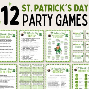May include: Twelve printable St. Patrick's Day party games with green and gold accents. The games include Candy Dice, Trivia, Who is Most Like a Leprechaun, True or False, Riddles, and Drinking Dice.