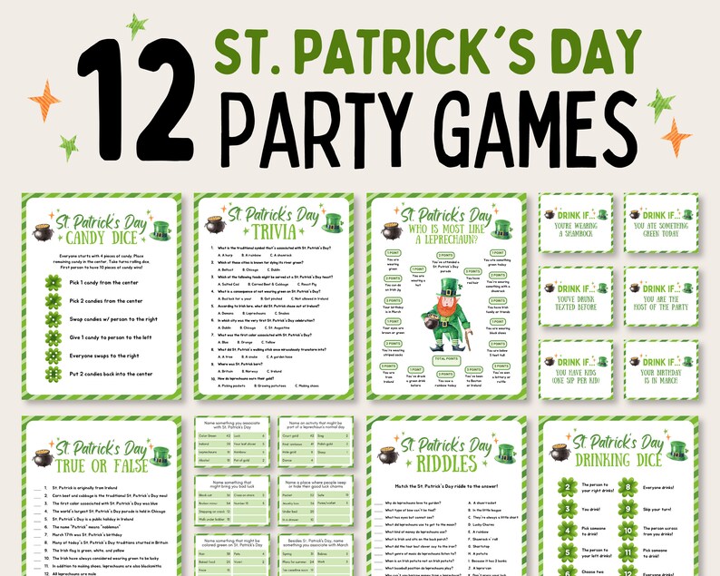 St Patrick's Day Party Game Bundle, Printable St Patricks Day Games, St Patricks Day Activity for Kids, St Pattys Day Party Games for Adults image 1