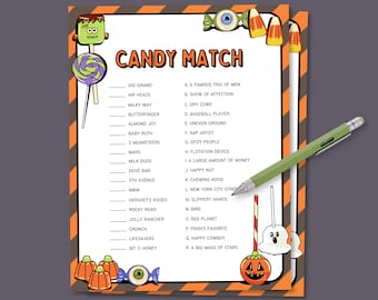 May include: A printable Halloween-themed game called "Candy Match". The game features a list of candy names on the left and a list of clues on the right. The player must match the candy to the correct clue. The game is decorated with Halloween-themed graphics, including a ghost, a pumpkin, and candy corn.