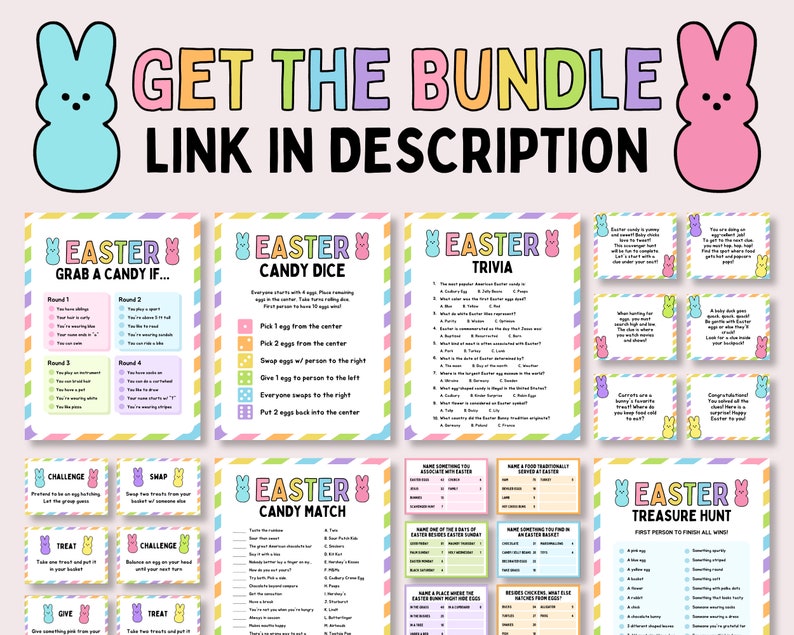 Puede incluir: Un conjunto de juegos de Pascua imprimibles con un personaje de conejito Peeps rosa y azul. Los juegos incluyen "Easter Grab a Candy If...", "Easter Candy Dice", "Easter Trivia", "Easter Candy Match", "Easter Treasure Hunt" y tarjetas "Challenge, Treat, Give, and Swap".
