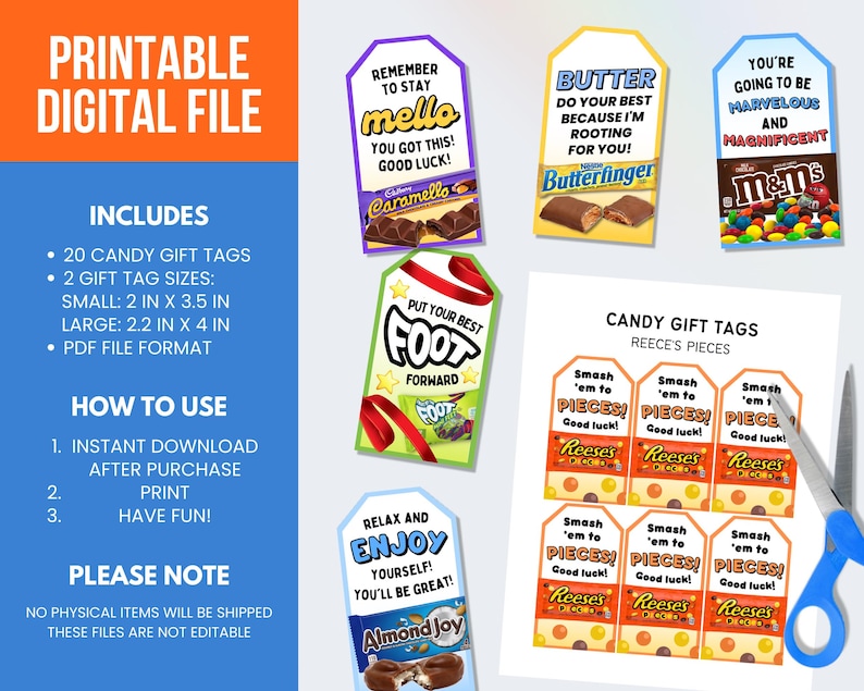 Printable gift tags, candy gift tags, good luck favors, team treat tags, kids sports team treats, motivational gift tags, soccer treat tags, basketball gift tags, baseball snack tags, softball team gifts, football good luck, volleyball team treats, cheerleading gift tags, swim team favors, gymnastics good luck, hockey team gifts, game day treats, tournament gift, end of season gifts, state championship gifts, punny candy tags, competition good luck, student athlete gifts, funny candy sayings