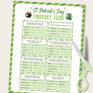 May include: A printable St. Patrick's Day game called "Friendly Feud" with questions and answers about Irish traditions and lucky charms. The game is designed for two teams to compete against each other.