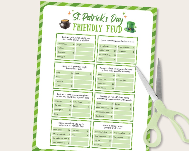 May include: A printable St. Patrick's Day game called "Friendly Feud" with questions and answers about Irish traditions and lucky charms. The game is designed for two teams to compete against each other.