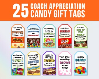 25 ausdruckbare Geschenkanhänger für Trainer als Dankeschön, Sporttrainer-Geschenk zum Saisonende, lustige Süßigkeiten-Grußkarte für Sportmannschaften
