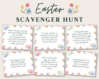 May include: Six colorful cards with Easter-themed scavenger hunt clues. Each card features a different clue and a floral border. The clues include searching under a seat, writing a letter to the Easter Bunny, being gentle with Easter eggs, searching under a bed, watching movies, and solving all the clues.
