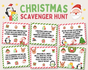 Christmas Scavenger Hunt, Christmas Treasure Hunt Cards, Xmas Scavenger Hunt, Indoor Christmas Treasure Hunt for Kid, Kid Christmas Activity