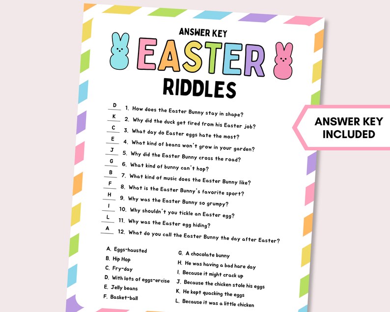 Puede incluir: Un juego de acertijos de Pascua imprimible con una mascota de conejito rosa. El juego incluye 12 acertijos con opciones de respuesta enumeradas a continuaci&oacute;n. La clave de respuestas se incluye en el lado derecho de la p&aacute;gina.
