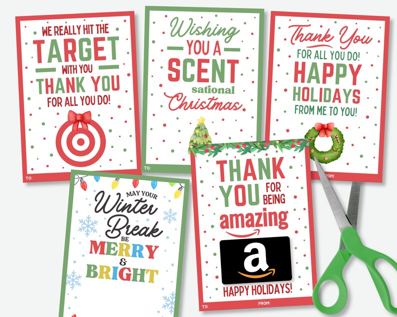 Puede incluir: Una colecci&oacute;n de tarjetas de regalo con tem&aacute;tica navide&ntilde;a con varios mensajes en rojo, verde y blanco. Las tarjetas presentan frases como "Gracias", "Felices fiestas" y "Feliz y brillante". Una tarjeta incluye una tarjeta de regalo de Amazon.