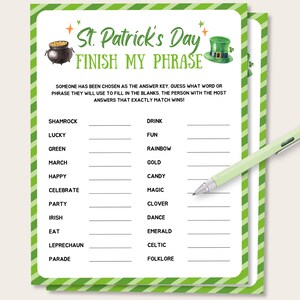 St Patrick&#39;s Day Finish My Phrase Game, Printable St Patricks Day Party Game, St Patricks Day Family Game, St Patricks Day Activity for Kids