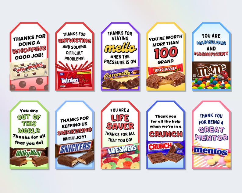 Printable Employee Appreciation Candy Gift Tags, 25 Motivational Candy ...