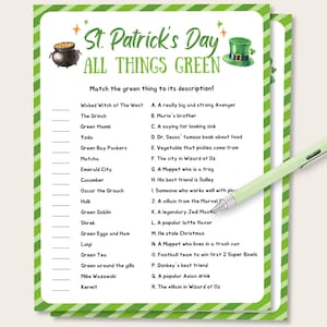 St Patrick's Day All Things Green Quiz, Fun St Patricks Day Quiz for Kids, Fun St Patricks Day Party Game, St Patricks Day Activity for Kids
