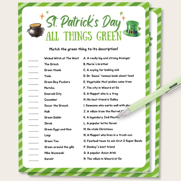 St Patrick's Day All Things Green Quiz, Fun St Patricks Day Quiz for Kids, Fun St Patricks Day Party Game, St Patricks Day Activity for Kids