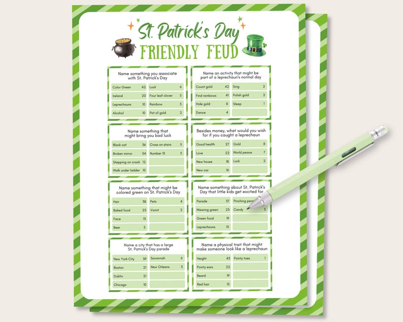May include: A printable St. Patrick's Day game called "Friendly Feud" with questions about Irish culture, traditions, and superstitions. The game is designed for two players and includes questions about lucky charms, bad luck, and St. Patrick's Day traditions.