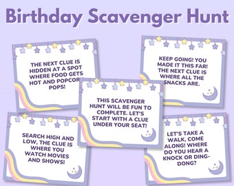 Girl Birthday Scavenger Hunt, Party Scavenger Hunt for Kids, Purple Theme Birthday Treasure Hunt, Indoor Printable Party Game, Hunt Clues