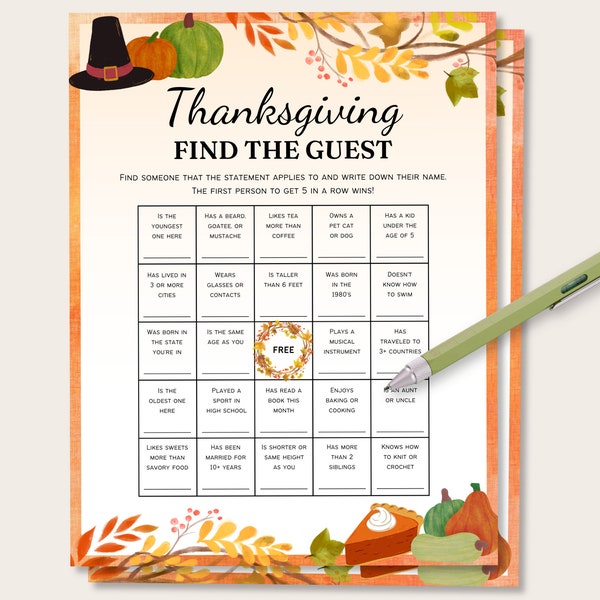 Thanksgiving Find the Guest, Thanksgiving Bingo, Thanksgiving Mix & Mingle, Thanksgiving Party Game, Thanksgiving Family Game, Family Game