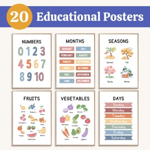 Set of 20 Educational Posters, Montessori Classroom Posters, Homeschool Room Decor, Classroom Wall Art Print, Kindergarten Learning Posters