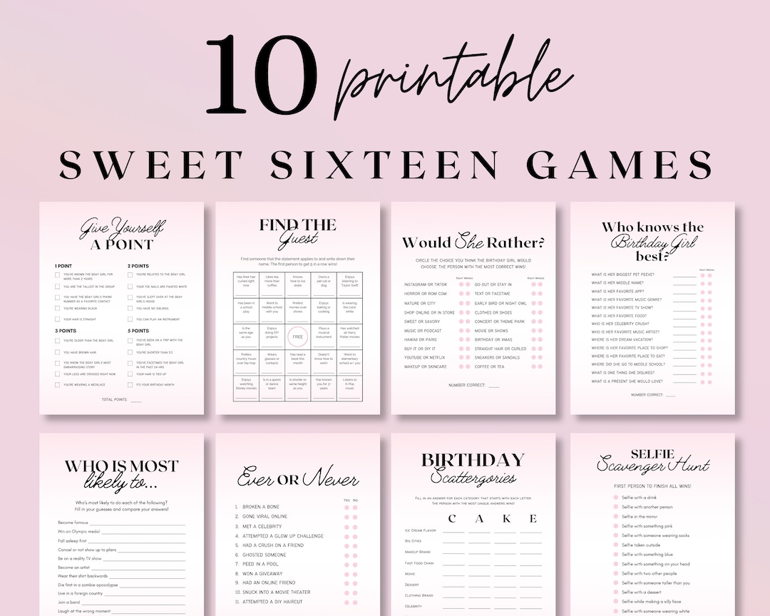 Sweet 16 Birthday Party Games Bundle, Birthday Games for Her, Teenager Birthday Party Favor