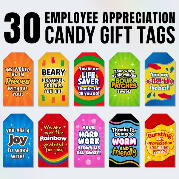 30 Employee Appreciation Candy Bar Gift Tags, Staff Appreciation Gift Tags, Candy Gift Tags for Employee Thank You Gift, Employee Candy Tags