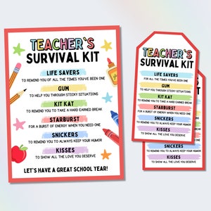 Teachers Survival Kit Gift Tag, Teacher Appreciation Gift Tag, Back to School Treat Tag for Teacher, Welcome Back Teachers Gift Tag, PTO PTA