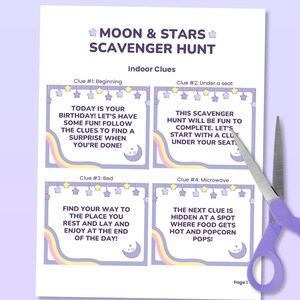 May include: A printable scavenger hunt game for a birthday party. The game has four clues, each with a different theme: beginning, under a seat, bed, and microwave. The clues are written in a fun, whimsical font and are decorated with stars and moons.