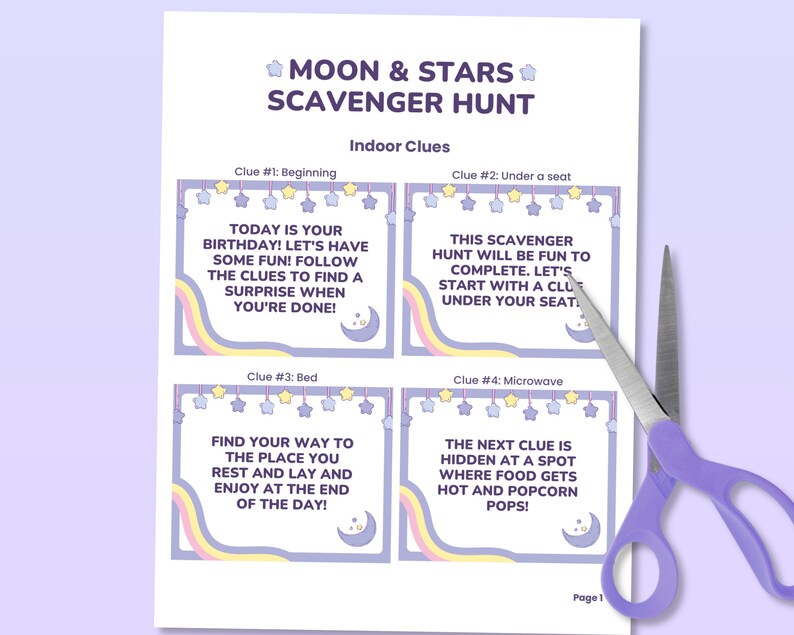 May include: A printable scavenger hunt game for a birthday party. The game has four clues, each with a different theme: beginning, under a seat, bed, and microwave. The clues are written in a fun, whimsical font and are decorated with stars and moons.