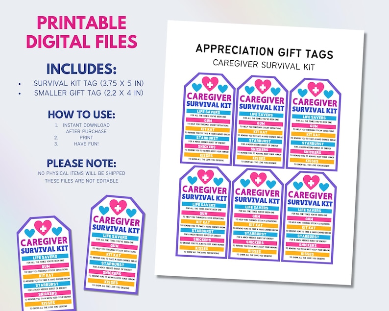 K&ouml;nnte beinhalten: Druckbare Geschenkanh&auml;nger f&uuml;r ein Caregiver-&Uuml;berlebenskit. Die Anh&auml;nger sind rosa, blau und gelb mit einem Herz und dem Text "Caregiver Survival Kit". Die Anh&auml;nger listen Artikel wie Kaugummi, Life-Saver und Starburst auf.