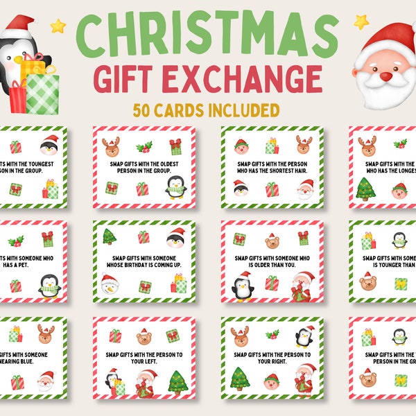 Christmas Gift Exchange Game, White Elephant Gift Exchange Cards, Holiday Gift Swap Game, Christmas Pass The Present, Christmas Party Game