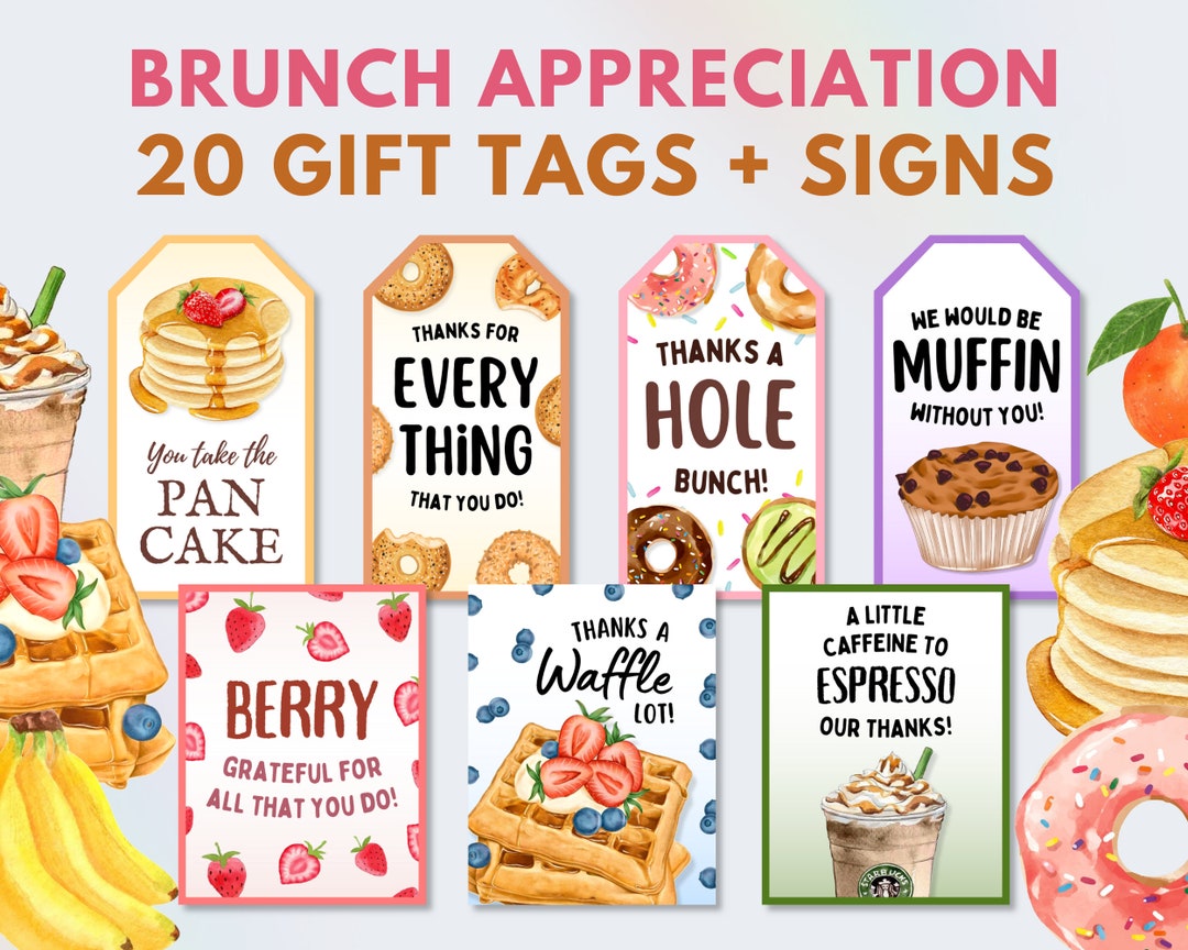 20 Employee Brunch Appreciation Gift Tag & Sign Bundle, Breakfast ...