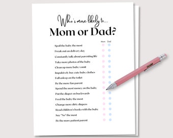 Vem är mest sannolikt mamma eller pappa, könsavslöjande spel, babyshower-spel, minimalistiskt babyspel, könsfest, babyshowergåva, utskrivbart spel