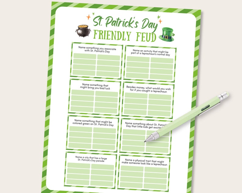 St Patrick's Day Friendly Feud Game, St Patrick's Day Trivia Quiz, St Patricks Day Family Feud, St Patricks Trivia Feud Game, St Pattys Feud image 6