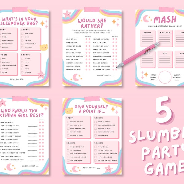 Slumber Party Games Bundle, Teen/Preteen Sleepover Games, Birthday Party Games Bundle, Cute Girls Birthday Games, Pink Tween Birthday Party