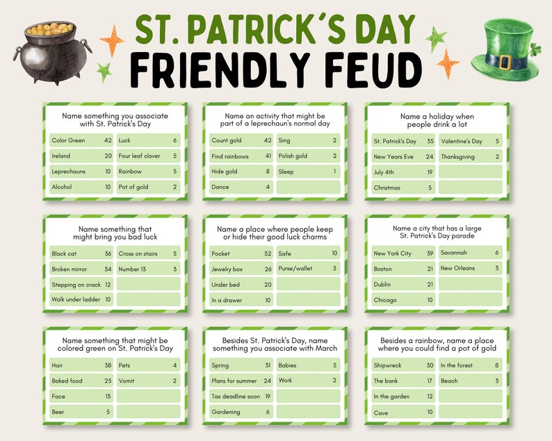 St Patrick's Day Friendly Feud Game, St Patrick's Day Trivia Quiz, St Patricks Day Family Feud, St Patricks Trivia Feud Game, St Pattys Feud image 1