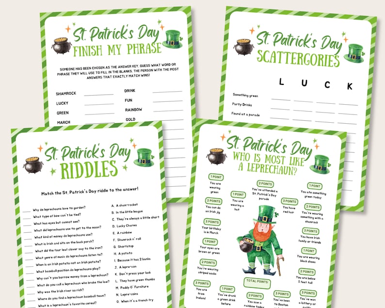 St Patrick's Day Party Game Bundle, Printable St Patricks Day Games, St Patricks Day Activity for Kids, St Pattys Day Party Games for Adults image 8