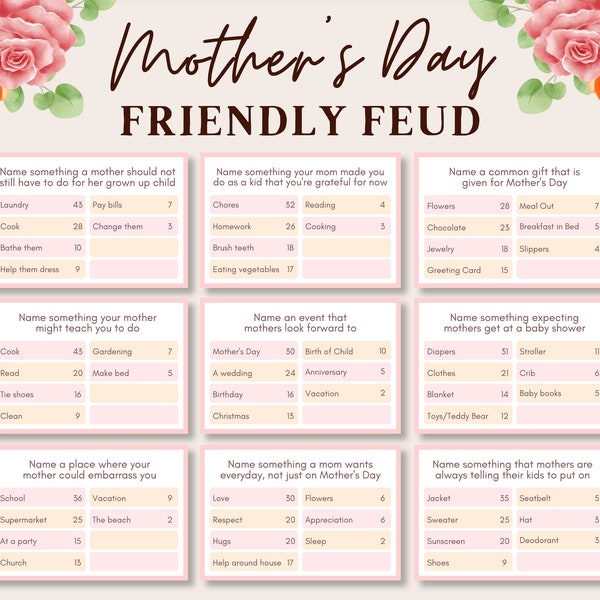 Mothers Day Friendly Feud, Mothers Day Family Feud, Mothers Day Trivia Game, Mothers Day Trivia Quiz, Printable Mothers Day Game